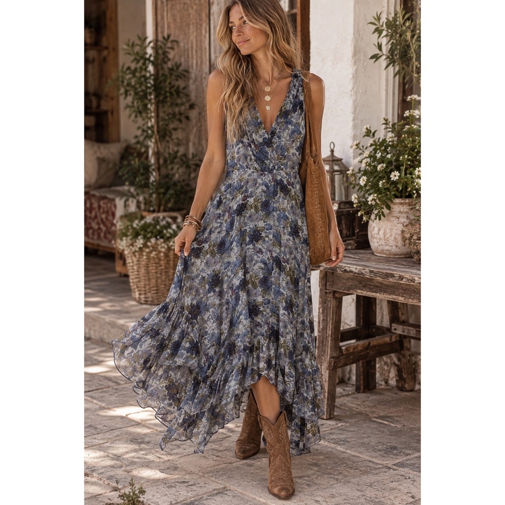 Sundance Blue Floral Ruffle High Low Maxi Dress Sleeveless V-Neck Size 10
